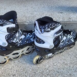Kids Rollerblades with Black and White Camo Design